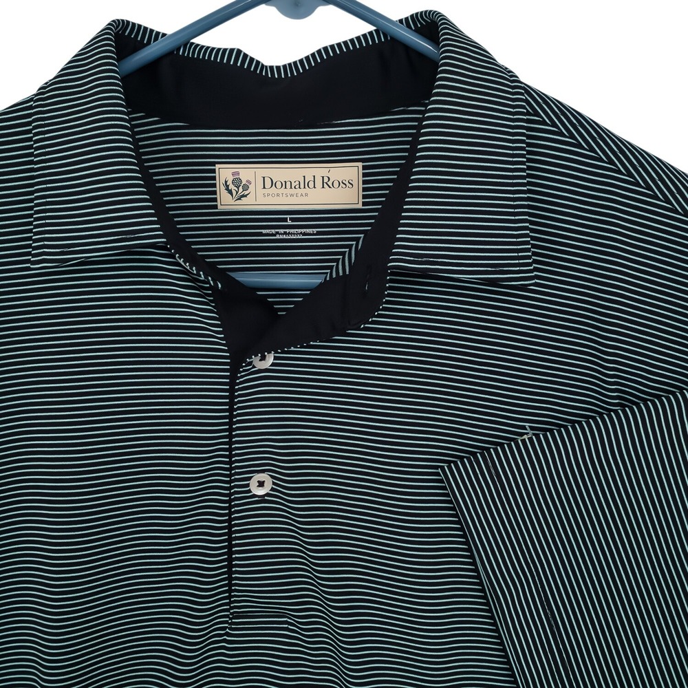 Donald Ross Polo Shirt Mens Large Teal Striped Performance Golf Short Sleeve
